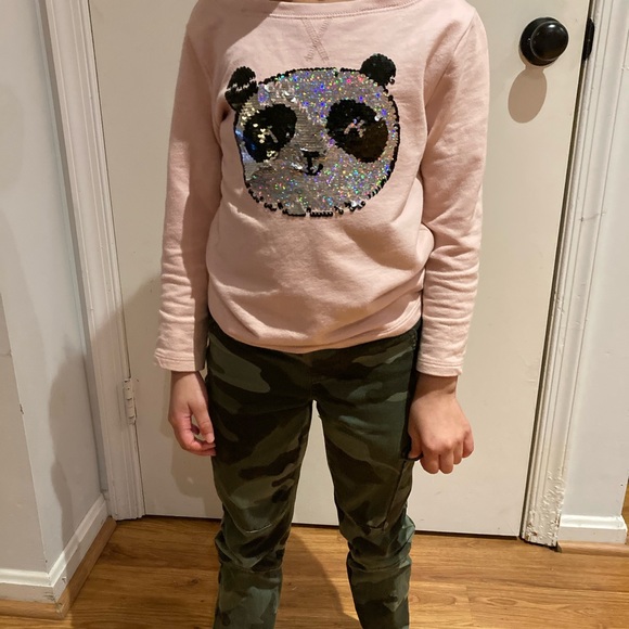 Sequin Pink Panda Kids Long Sleeve  old Shoulder Top - Picture 3 of 6